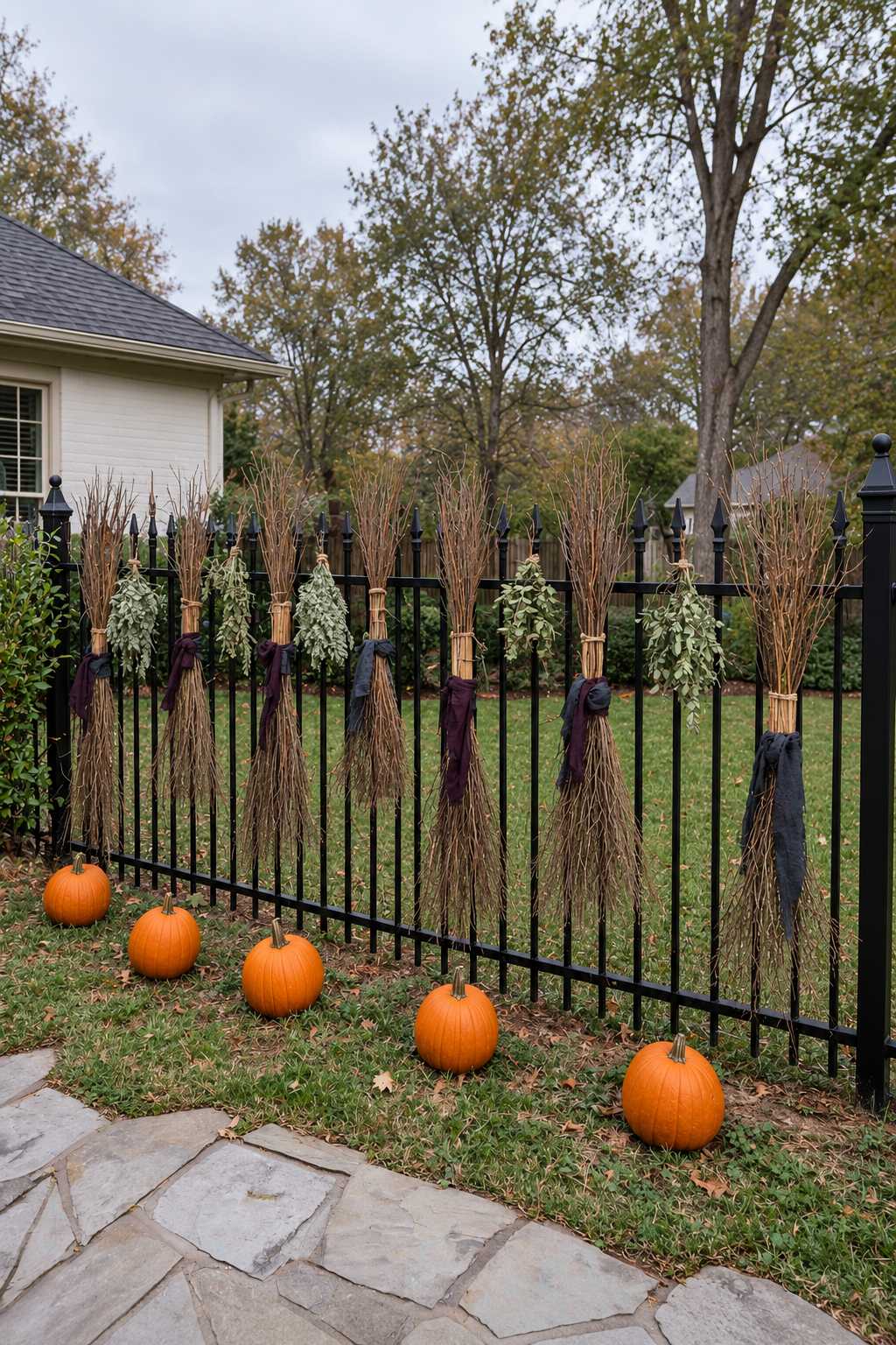 Twig broom bundles with dark fabric bands attached upright to a black metal fence above pumpkins