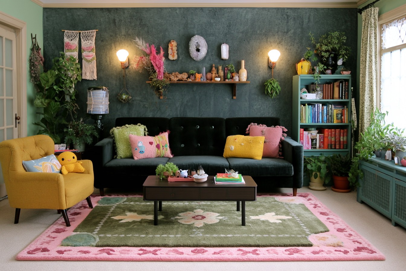 Dark green accent wall behind black seating, with a mustard chair, green bookcase, plants, and a floral rug