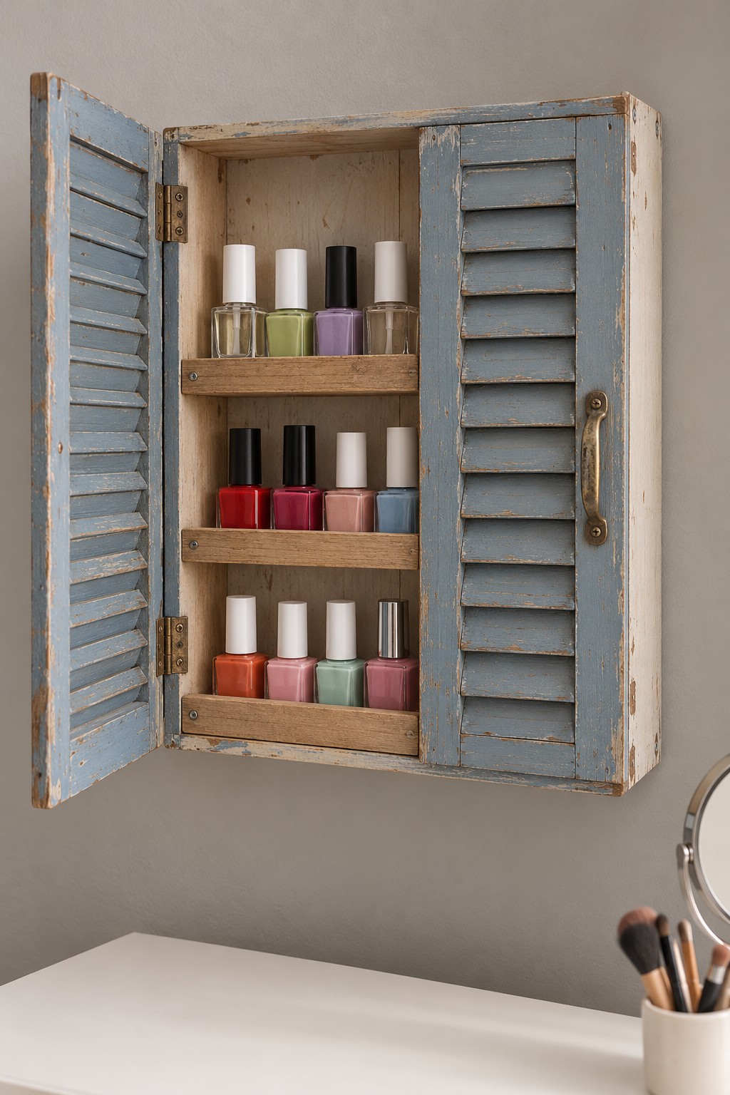 Rustic wall cabinet with weathered blue shutter doors and three narrow nail polish shelves
