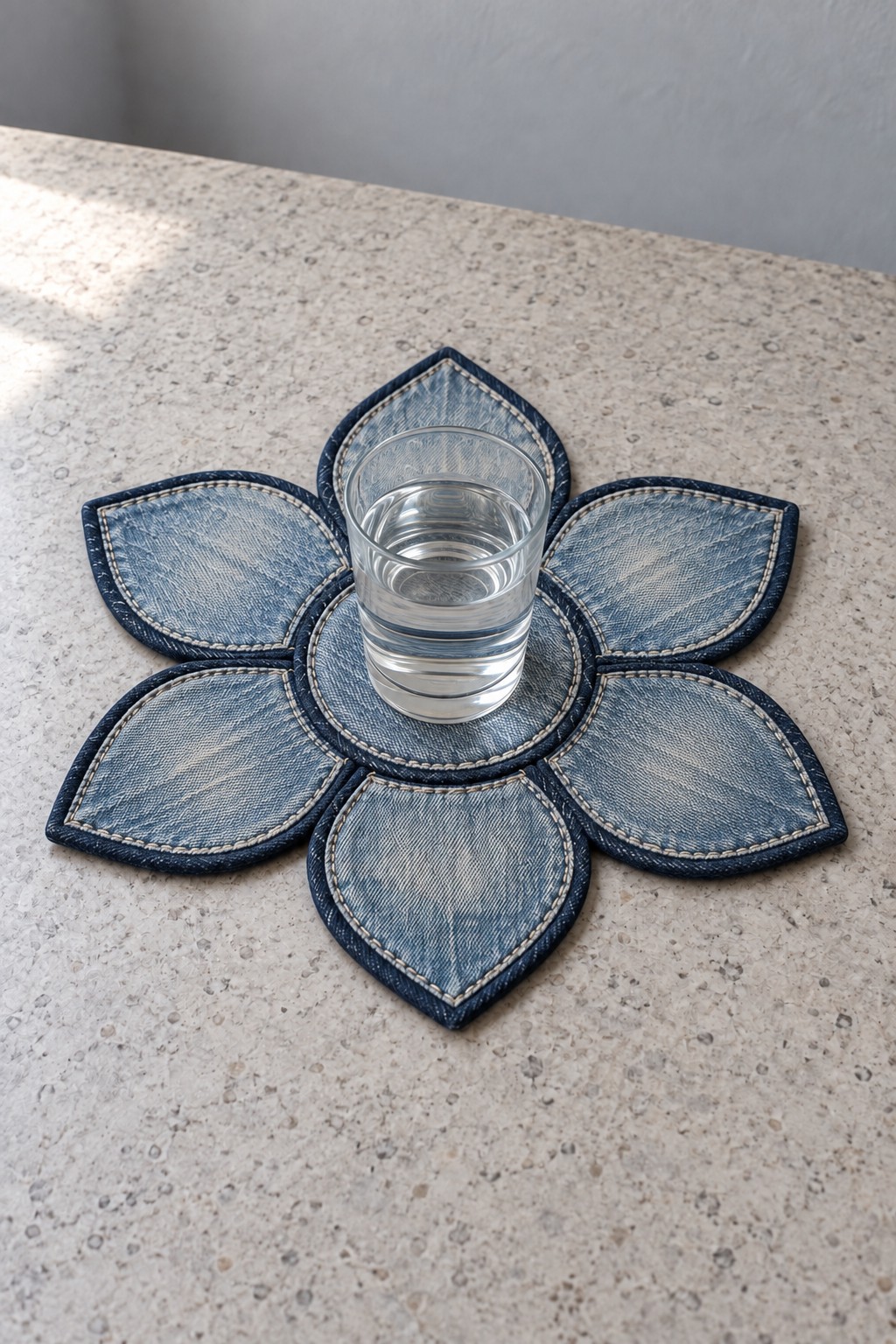 Flower shaped blue denim coaster with six petals beneath a water glass