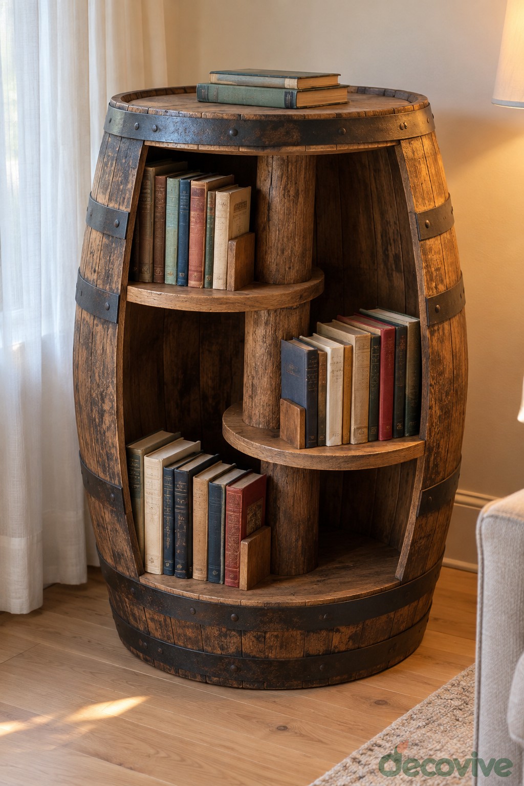 An Open Barrel Bookcase with Curved Shelves