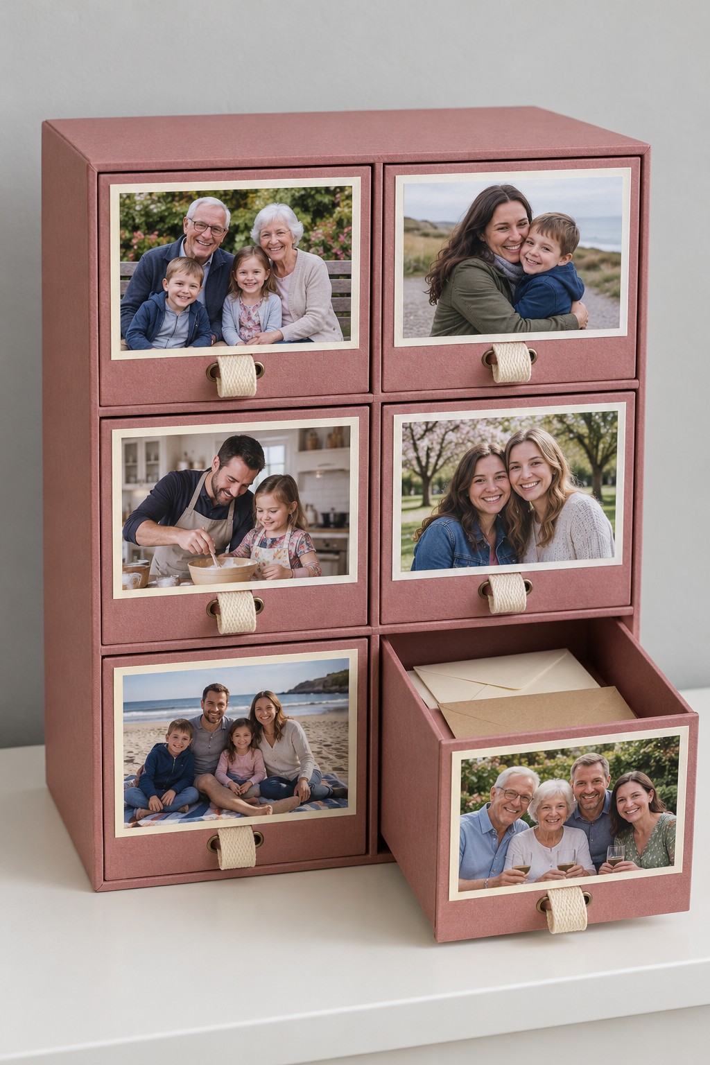 Dusty rose miniature cabinet with six photo drawer fronts and cream ribbon pulls