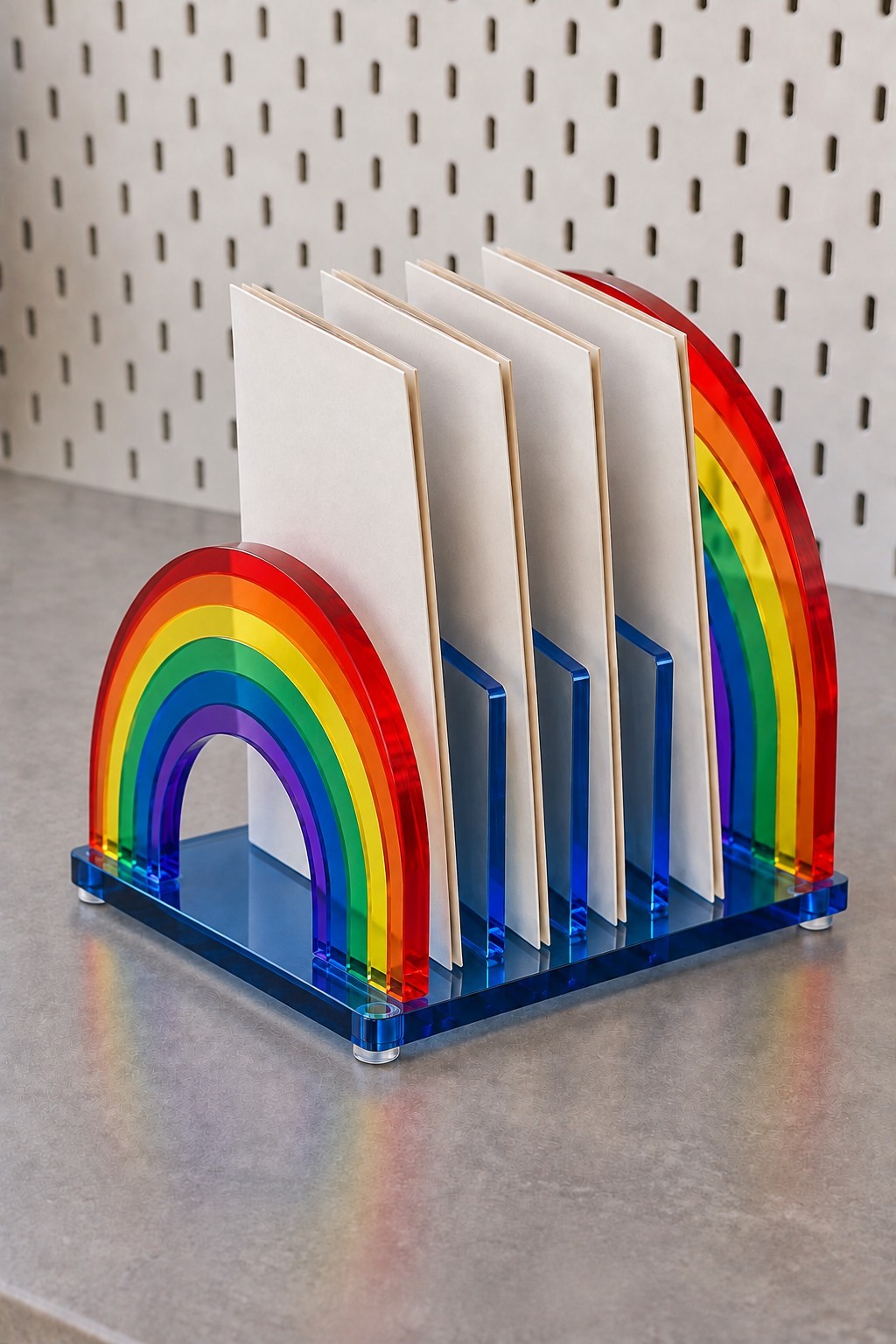 Rainbow acrylic desktop file sorter with clear dividers holding upright notebooks