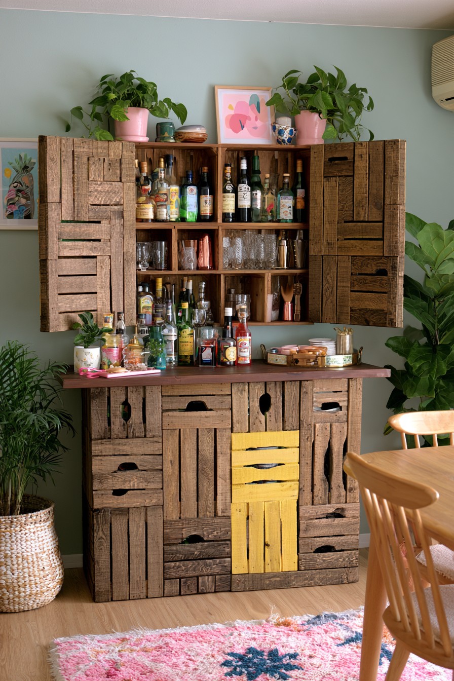 Rustic wooden crate bar cabinet with bottle and glass storage