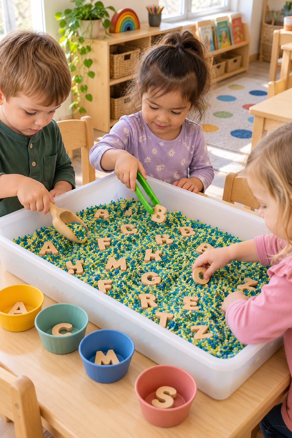 Wooden letters in a shallow sensory tray beside matching materials