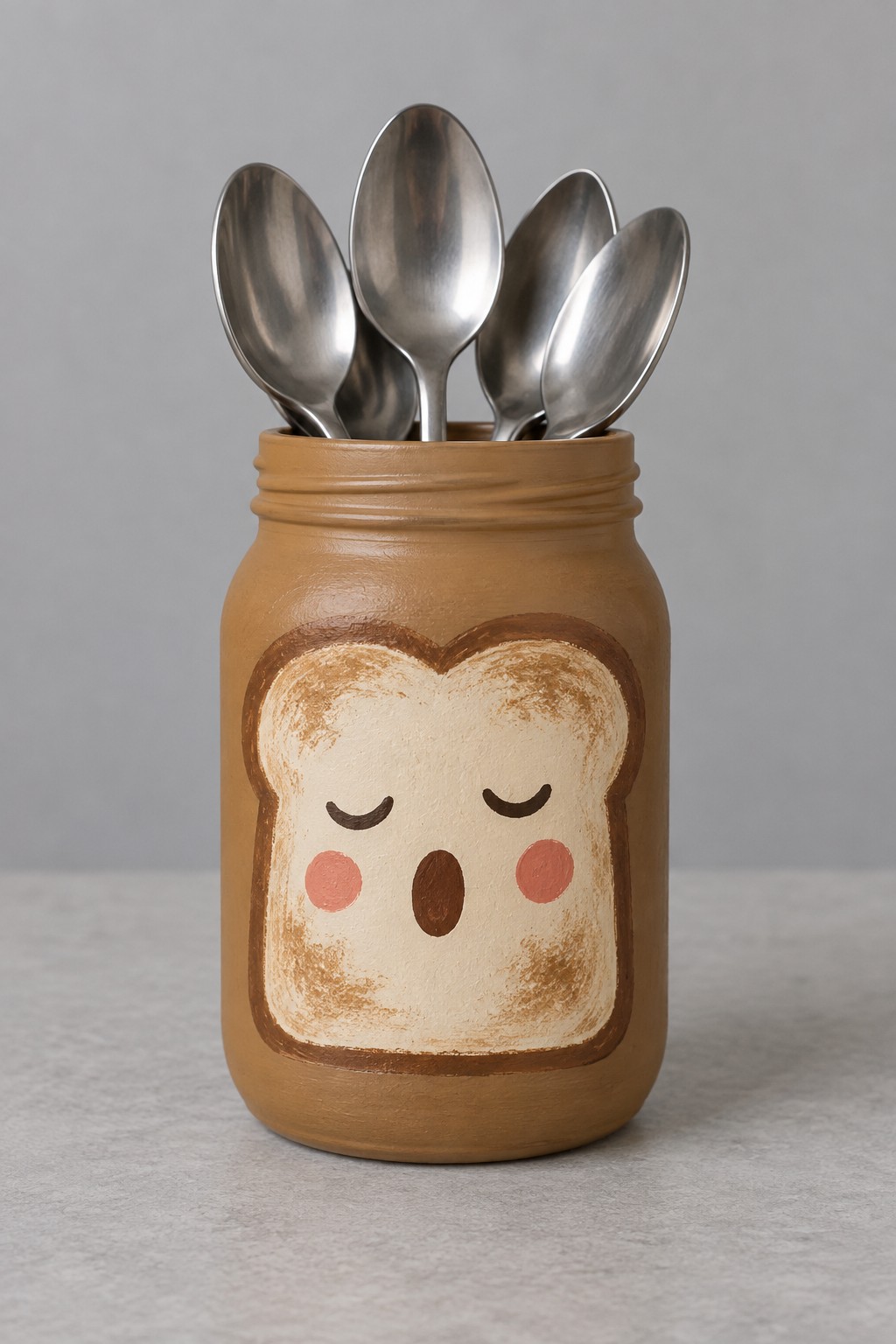 Ochre jar with a cream toast face, closed eyes, and rosy cheeks holding metal spoons
