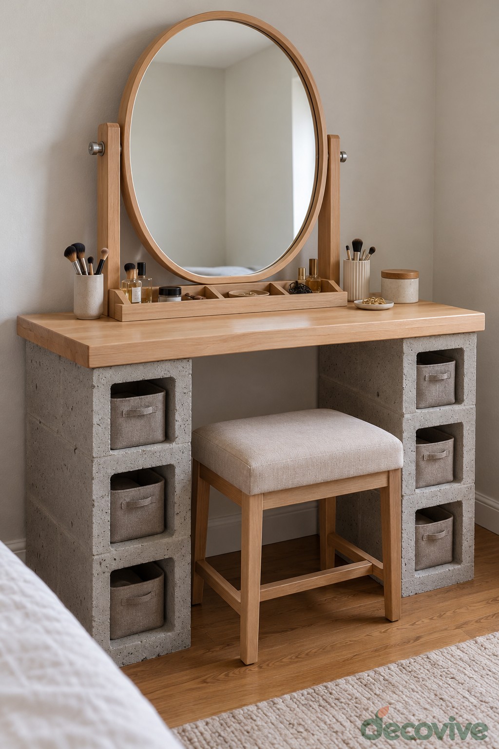 Wood topped vanity on concrete block sides with fabric bins and an oval mirror