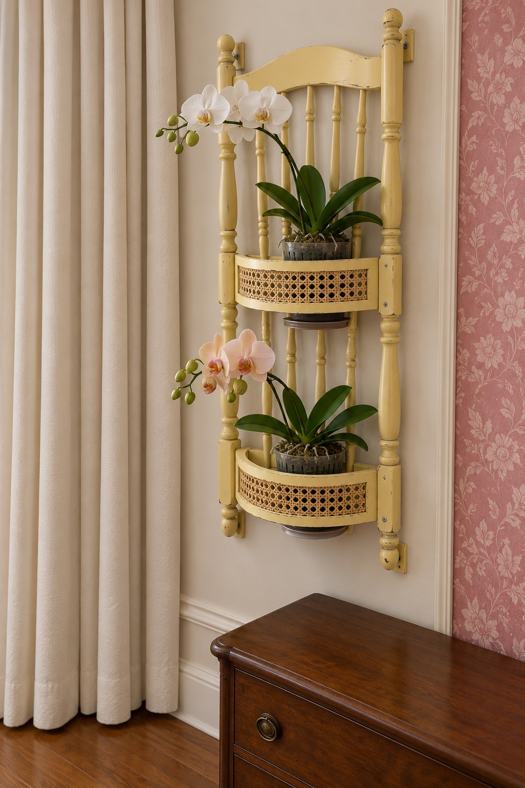 Yellow vintage chair back mounted on a wall with two cane front orchid holders