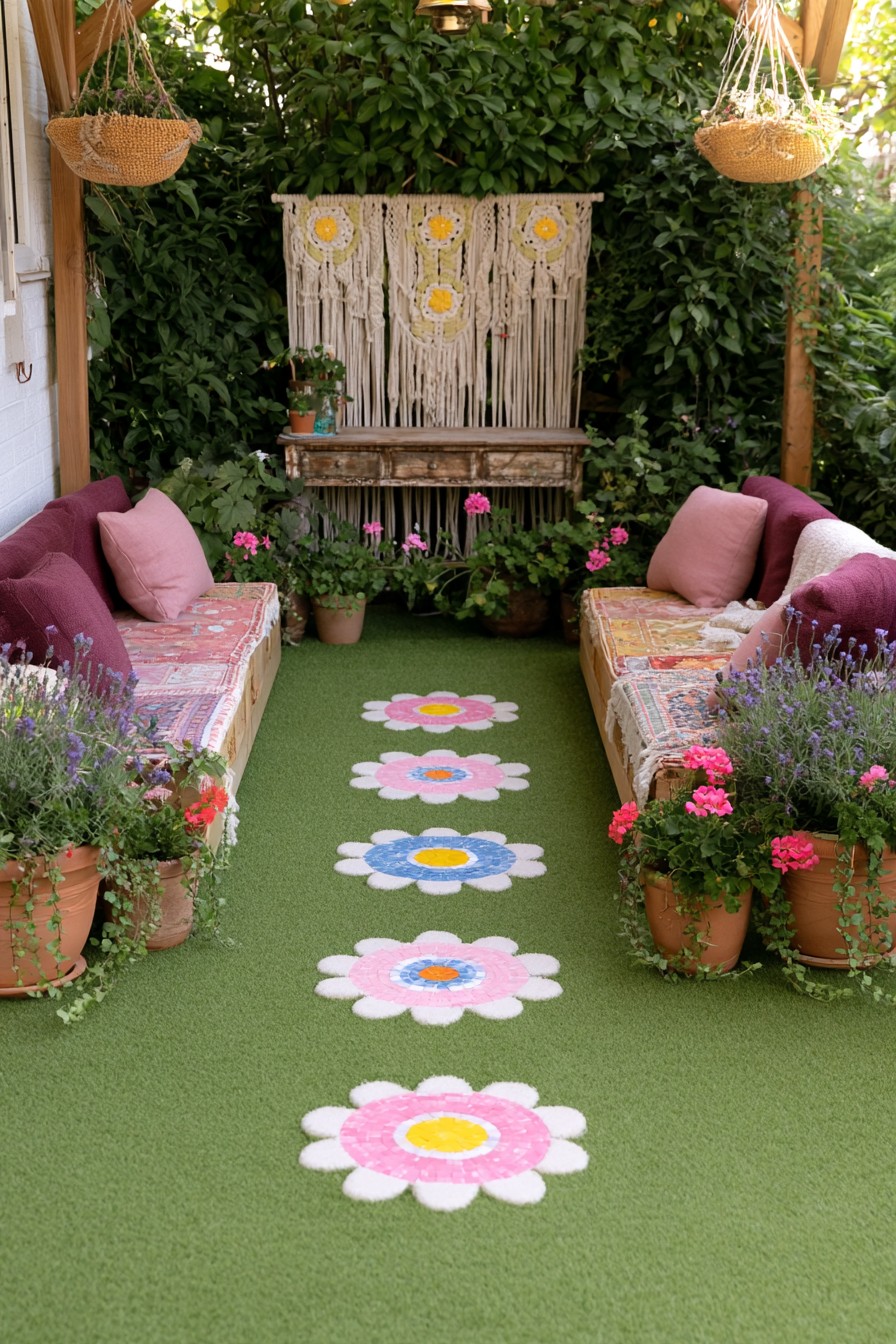 Layered bohemian garden lounge with floral textiles and lush greenery