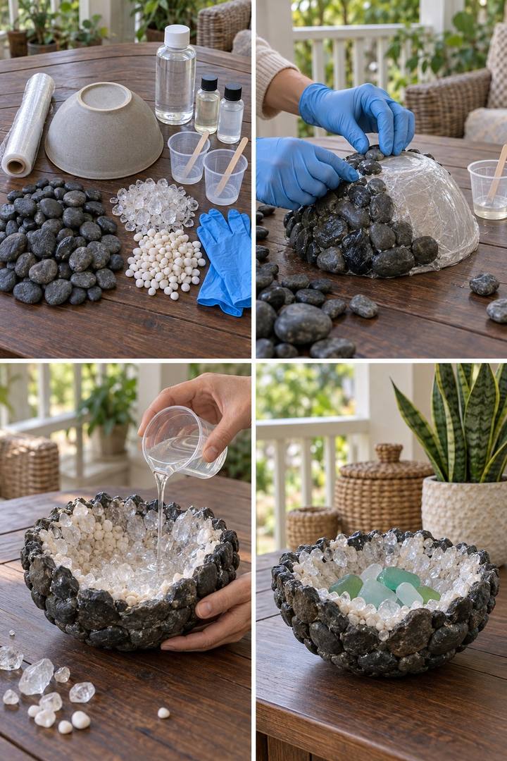 A dark pebble bowl made around a mold and lined with clear crystal style chips and white bead details