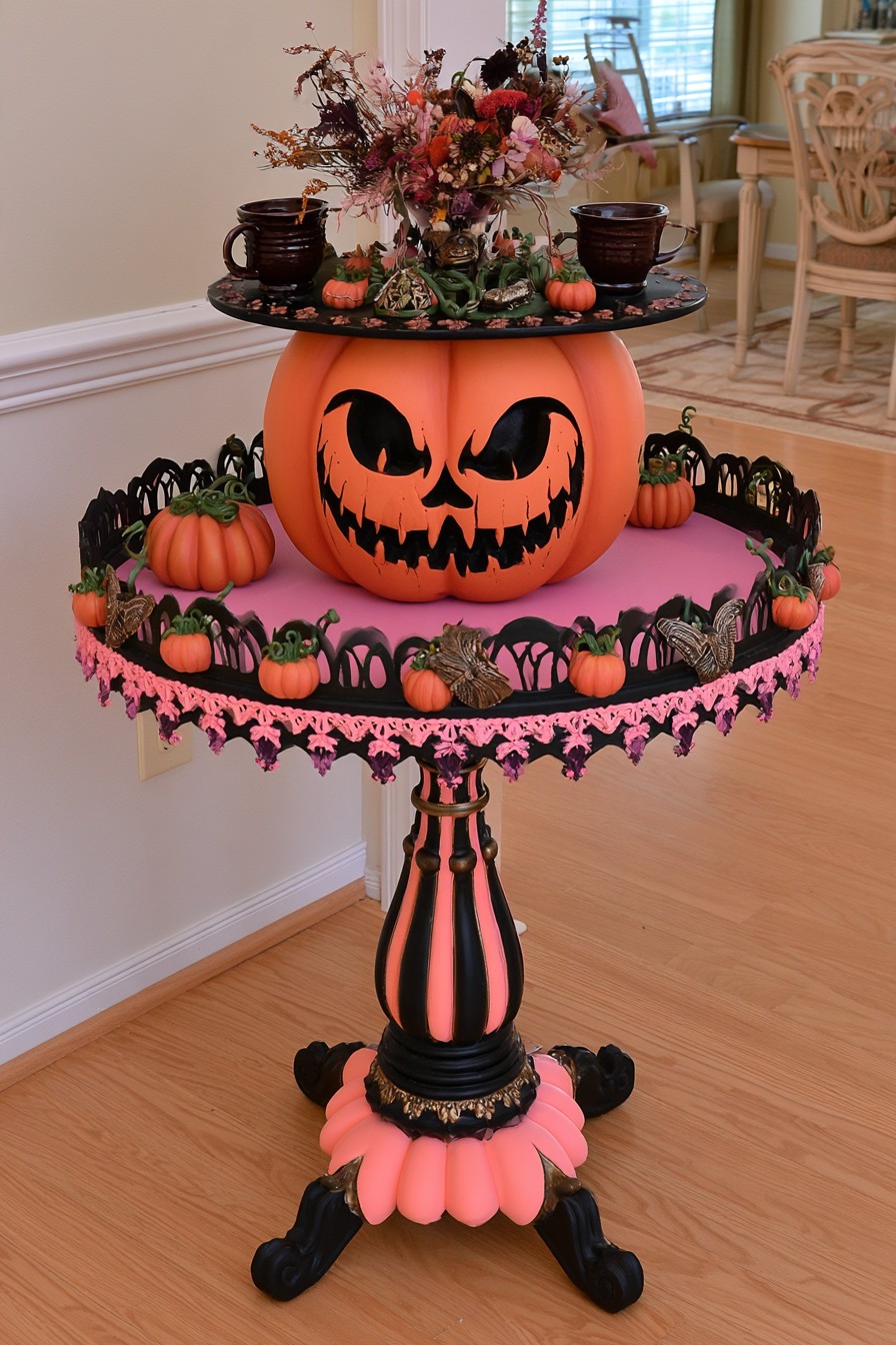 Pink pedestal display with an orange pumpkin, dark upper tray, and miniature pumpkins