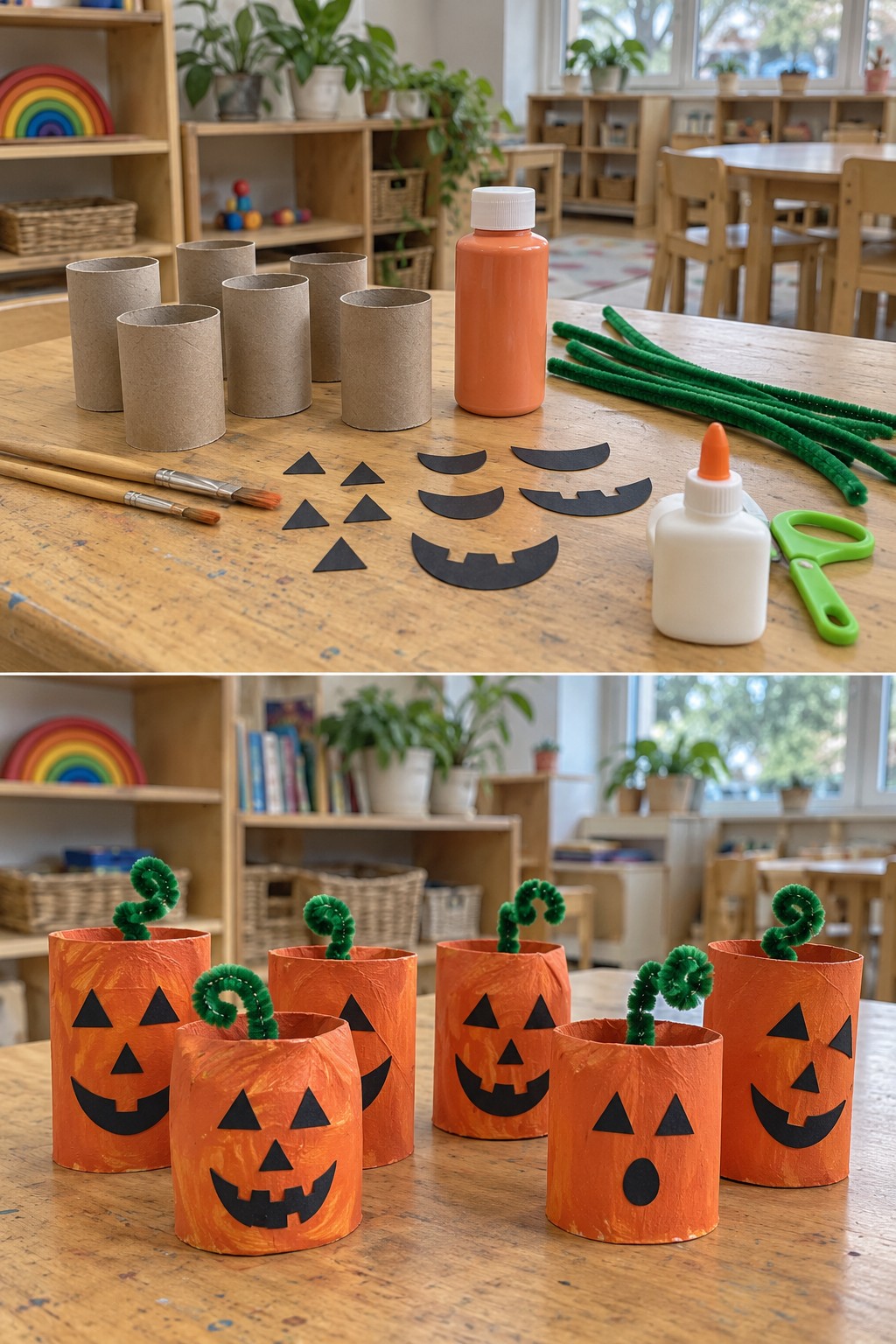 Cardboard tubes and orange paint above standing pumpkin characters with curled green stems