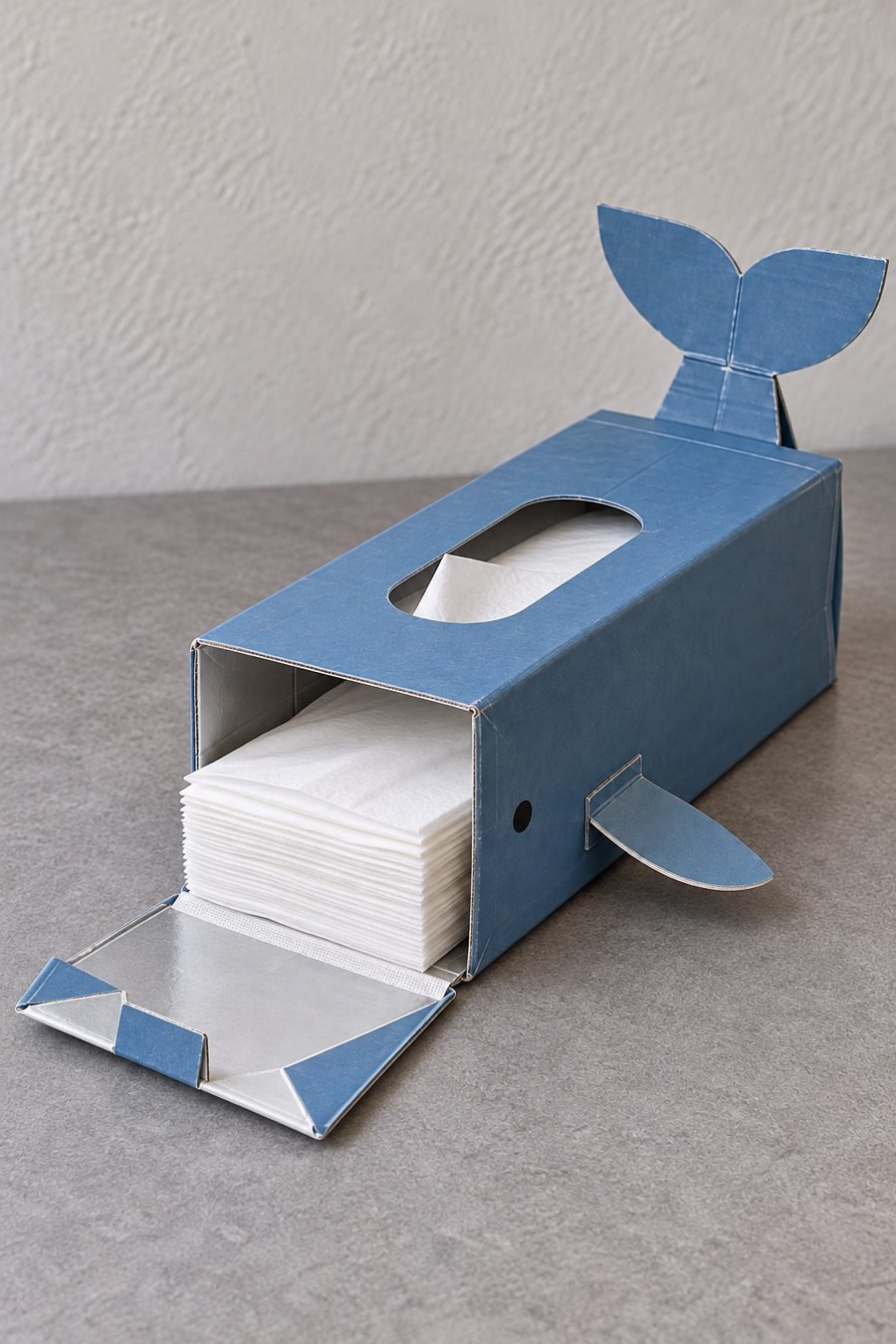 Blue whale shaped carton tissue sleeve with a raised tail and front opening