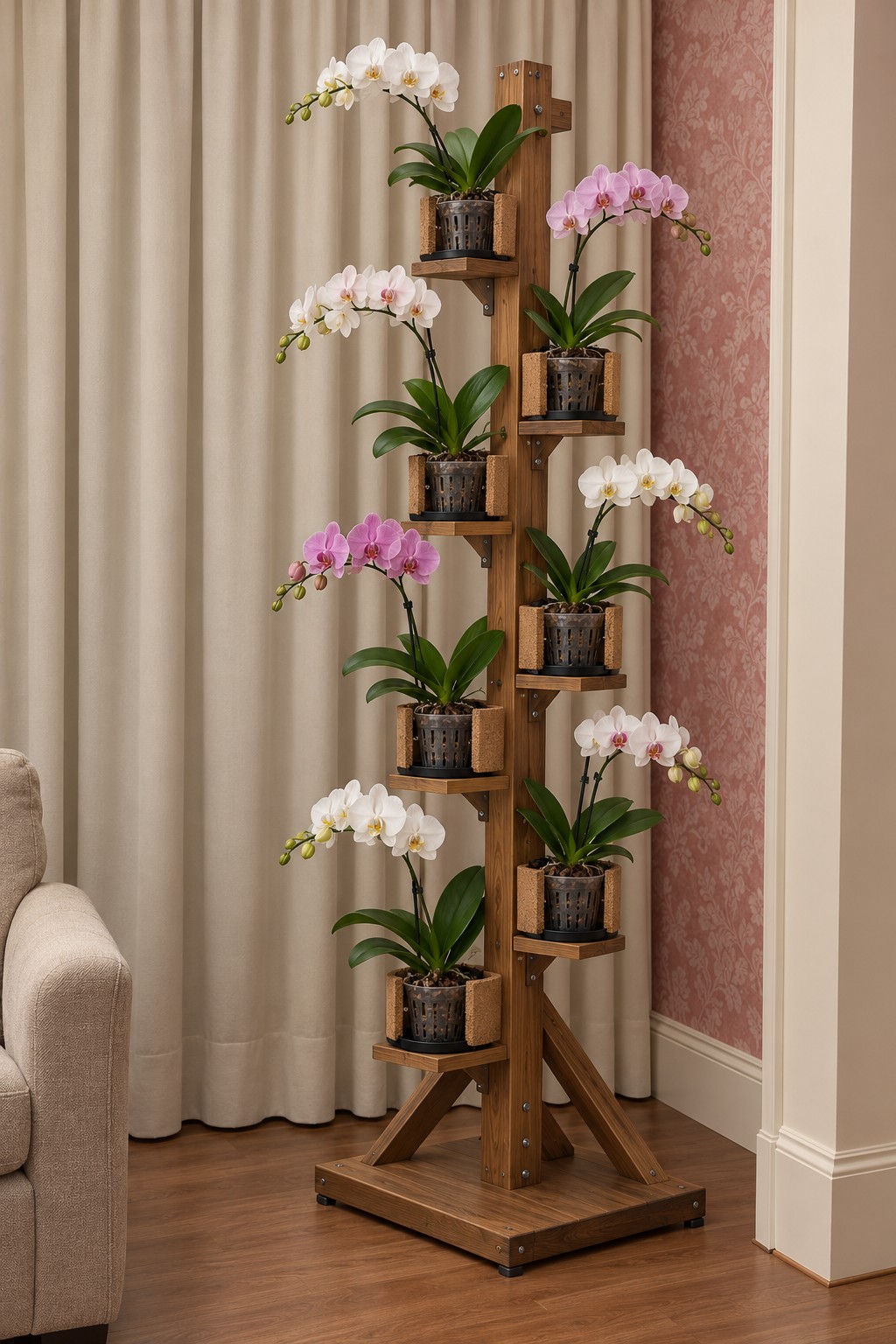 Dark timber tower with six alternating orchid baskets and diagonal braces at the base