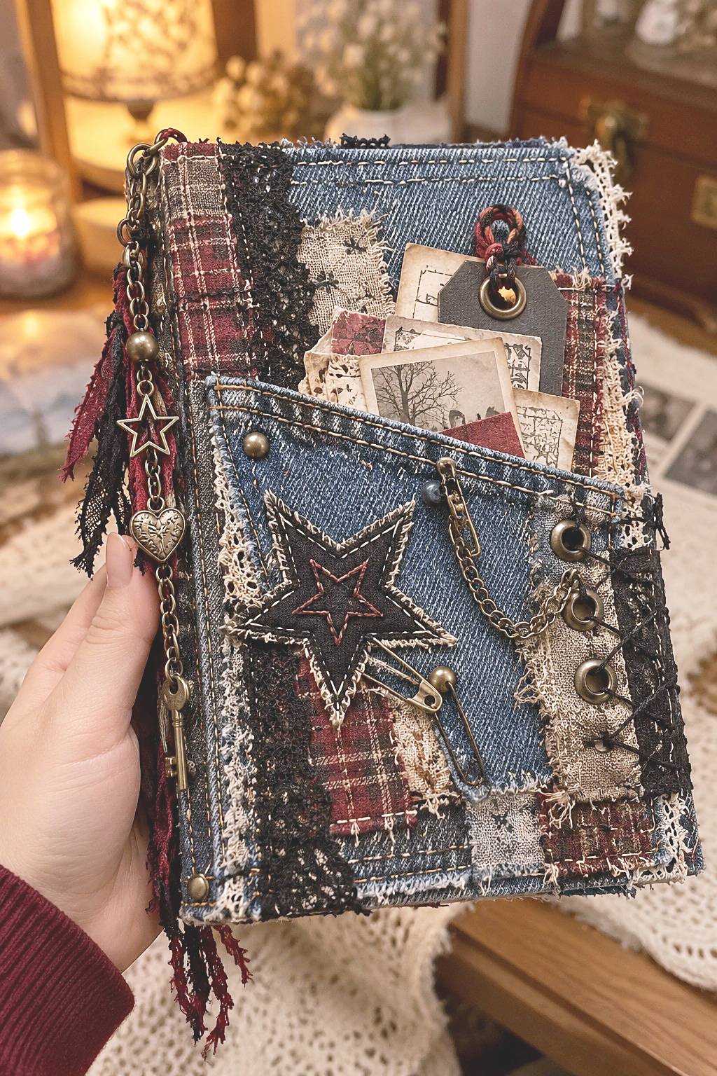 Denim patchwork sketchbook sleeve with a jeans pocket, plaid panels, star stitching, and lace details
