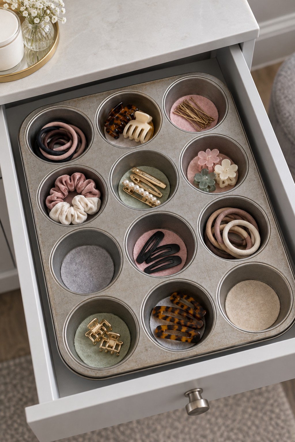 Old twelve cup metal muffin tin lined with round pastel felt pads separating scrunchies hair ties clips and pins inside a vanity drawer