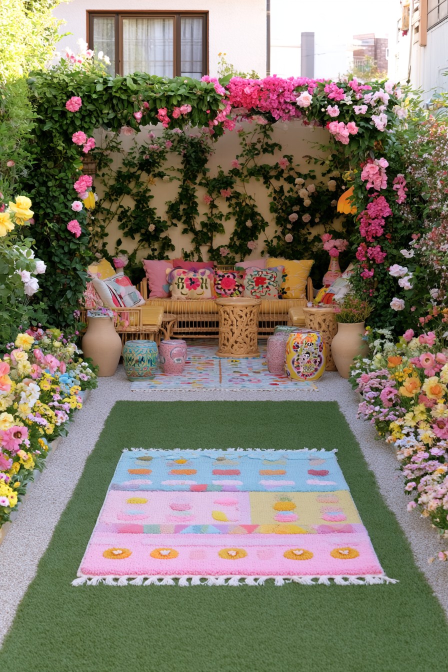 Maximalist bohemian garden lounge framed by a floral archway