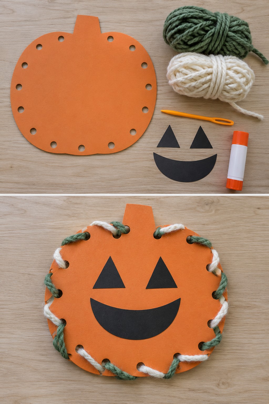 Orange pumpkin card and yarn above a smiling pumpkin laced with green and white strands