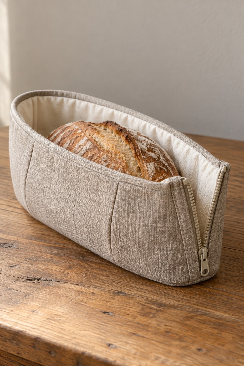 Oval beige fabric bread basket with cream lining and a side zipper
