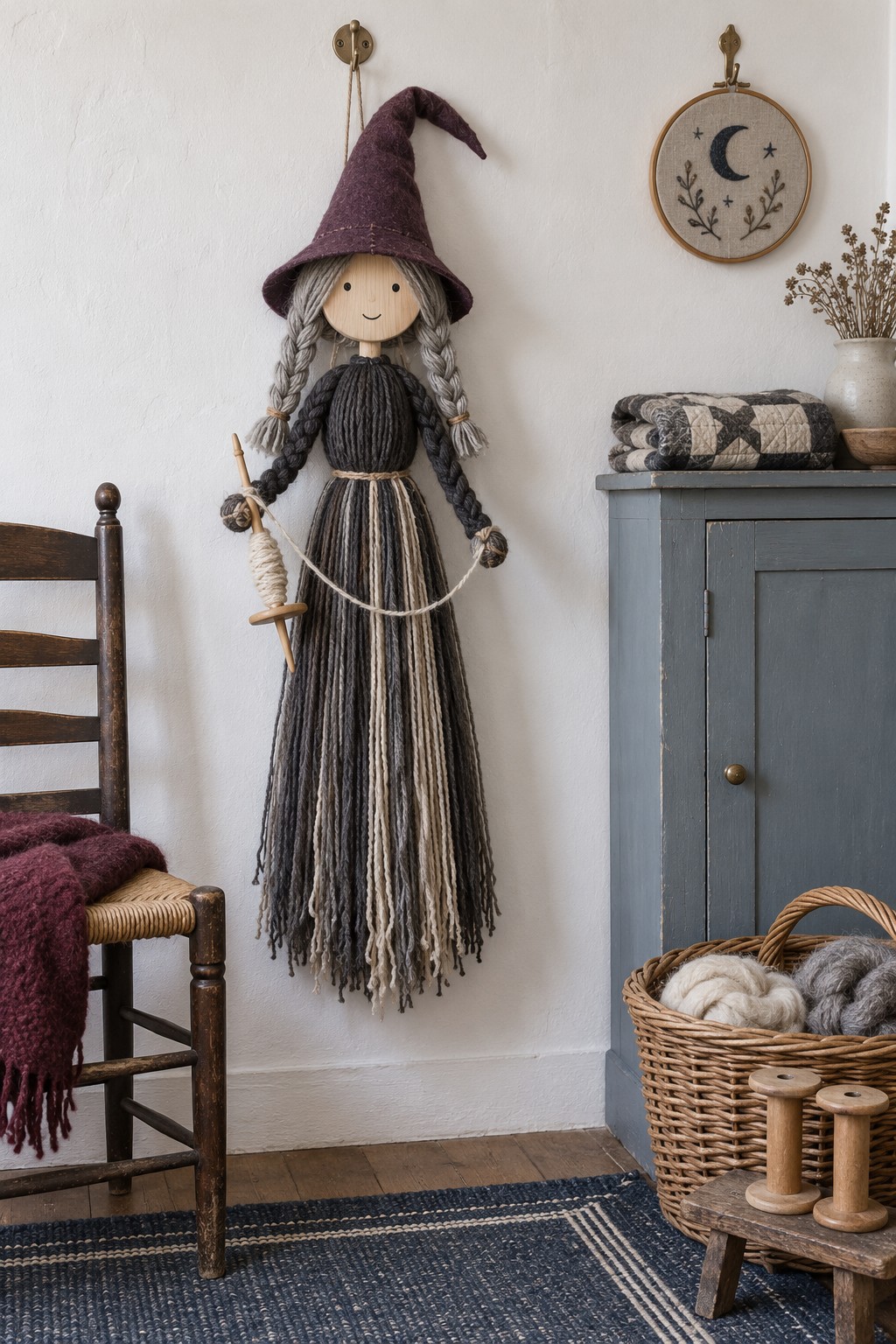 Large yarn witch wall hanging with a plum pointed hat, round pale face, gray braids and long striped yarn skirt