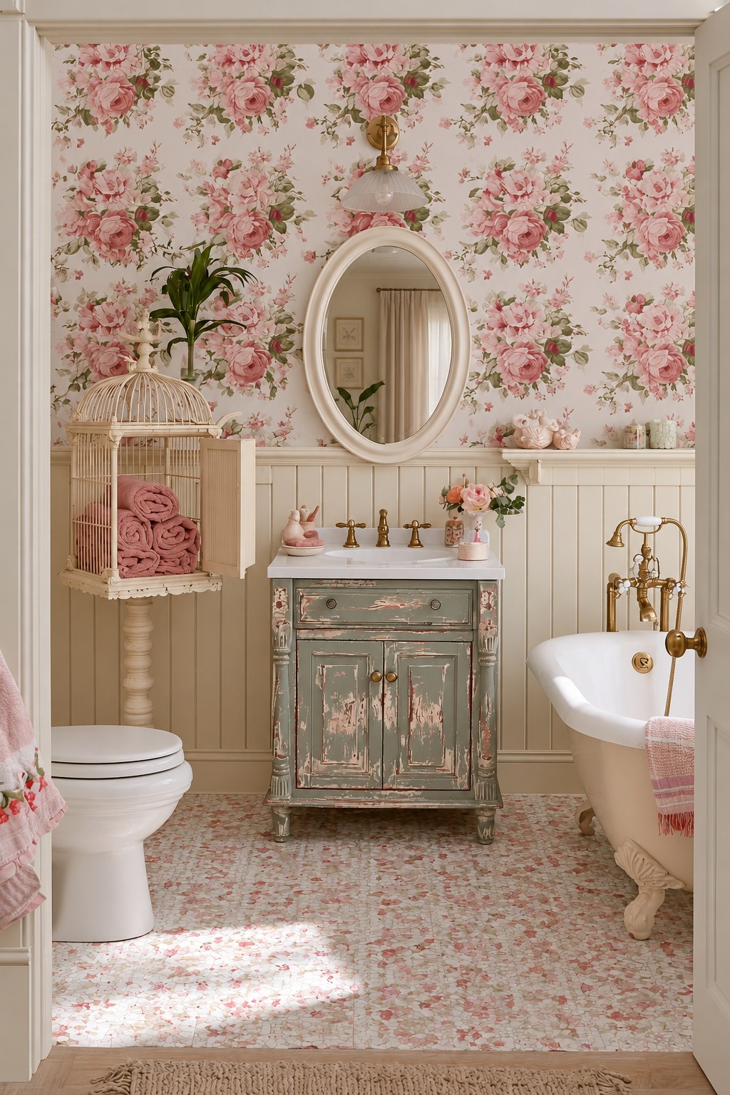 Distressed green vanity with rose wallpaper and a cream cage shaped holder containing rolled pink towels