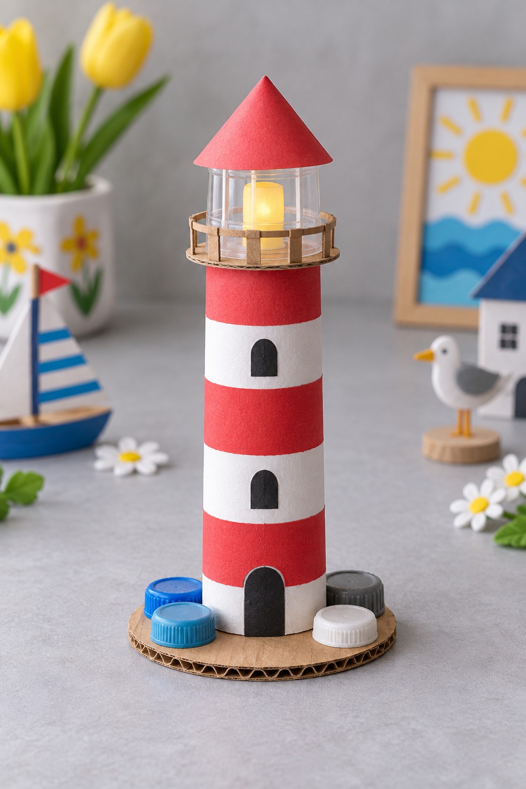 Striped cardboard lighthouse with a clear lookout, red cone roof, cardboard balcony, and battery tea light
