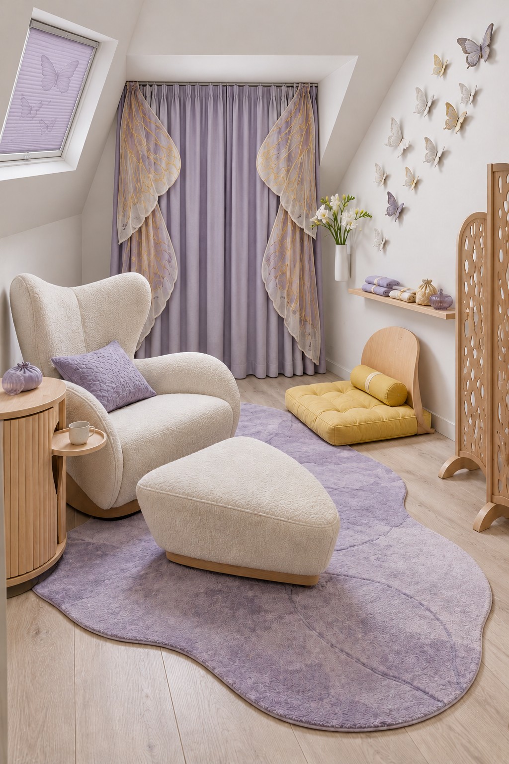 Cream armchair and footstool on a lavender rug beside a yellow floor seat and butterfly wall decorations