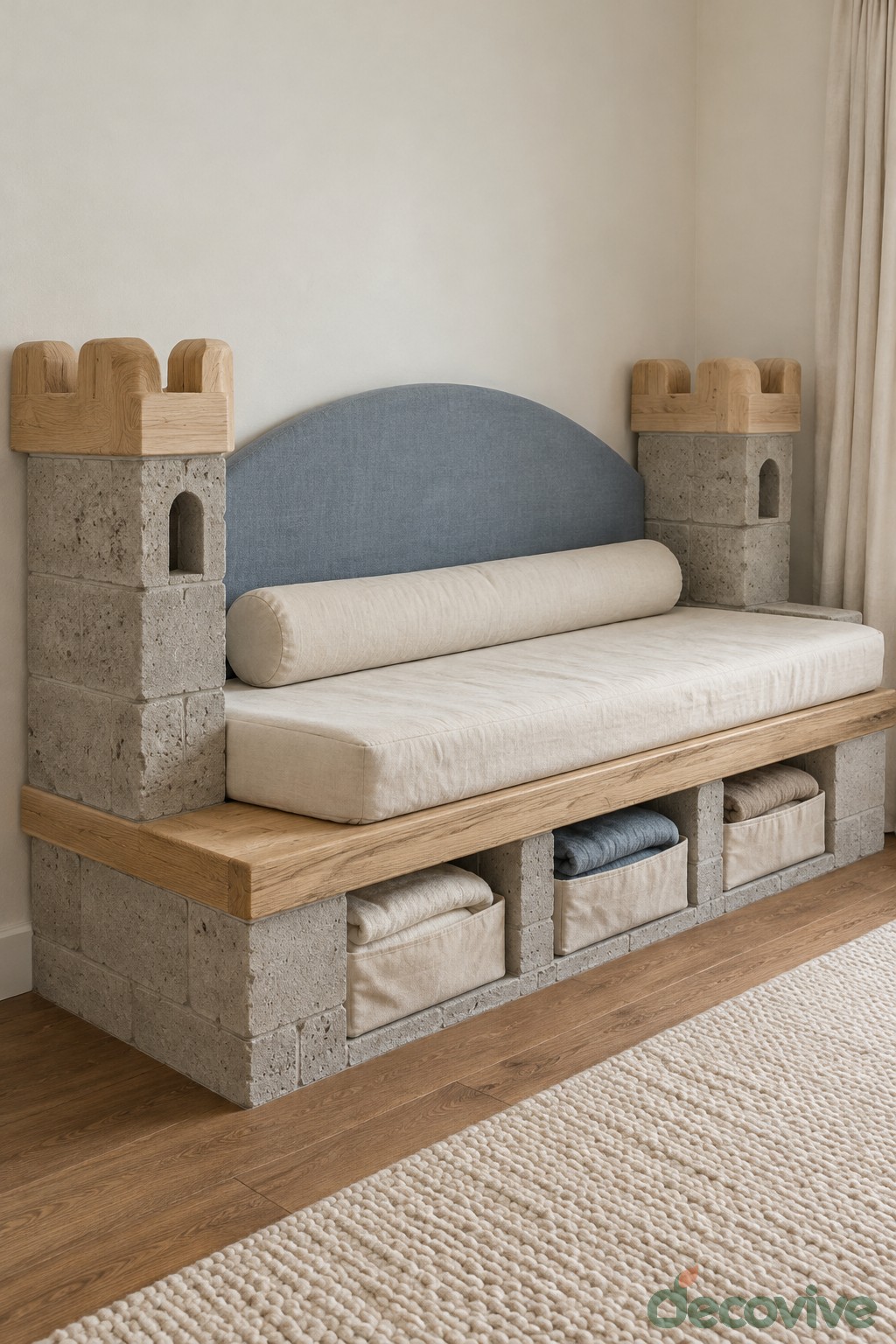 Daybed with concrete block towers wooden crenellations and fabric storage bins