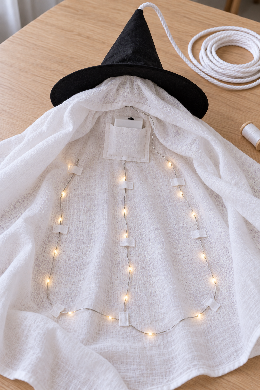 Inside of the ghost fabric showing spaced LED wire runs held by fabric tabs and a supported battery box.