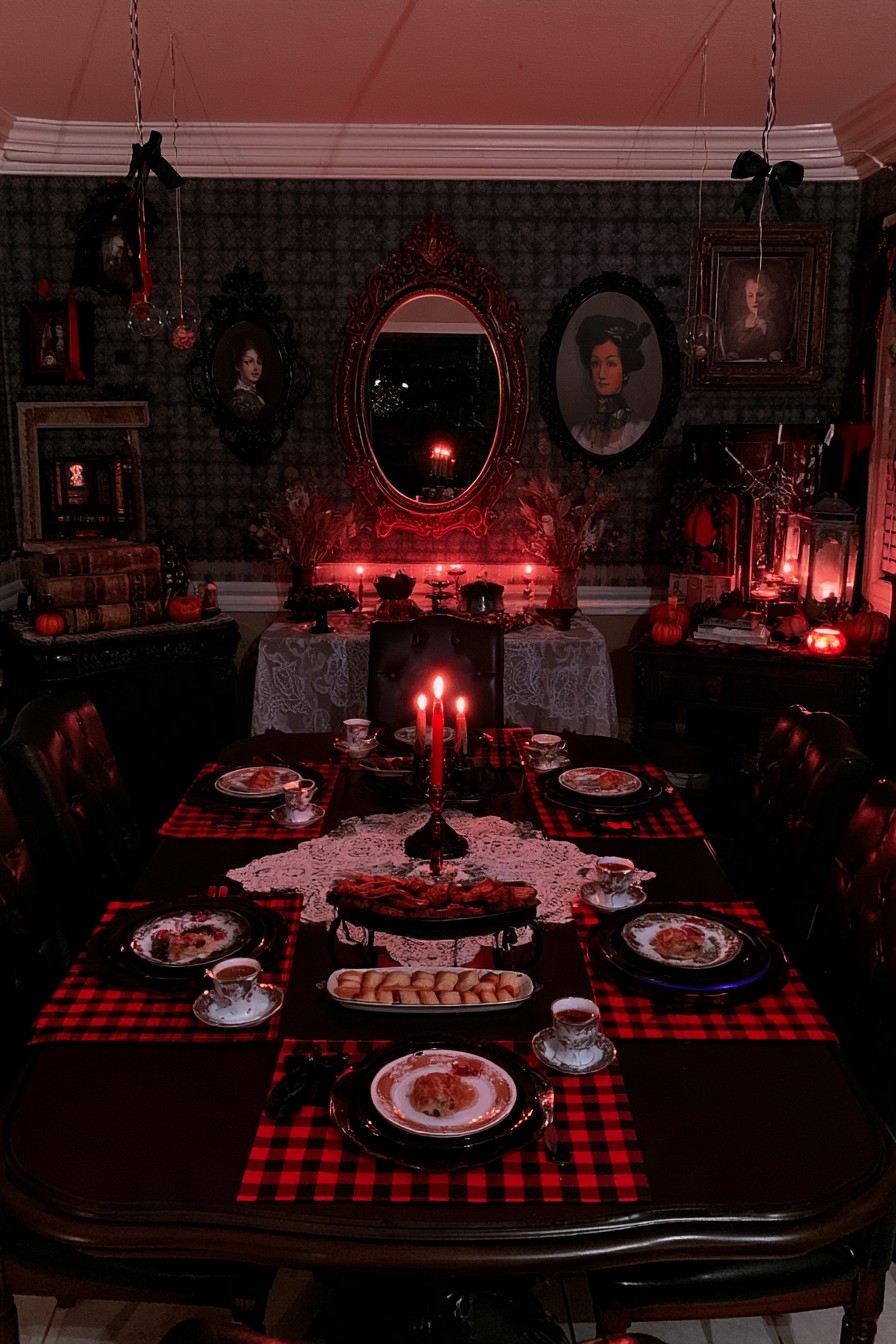 Victorian-style dining room with ornate portraits, a central mirror, and red plaid placemats