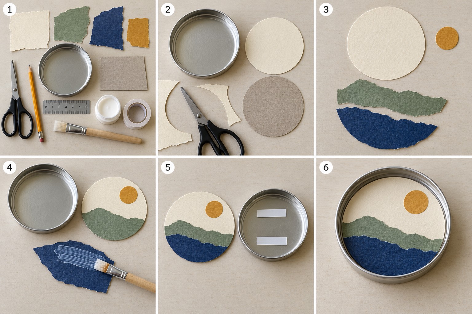 Six stages showing the materials, paper circles, torn hills, glued landscape, mounting tape, and finished artwork inside a reused lid