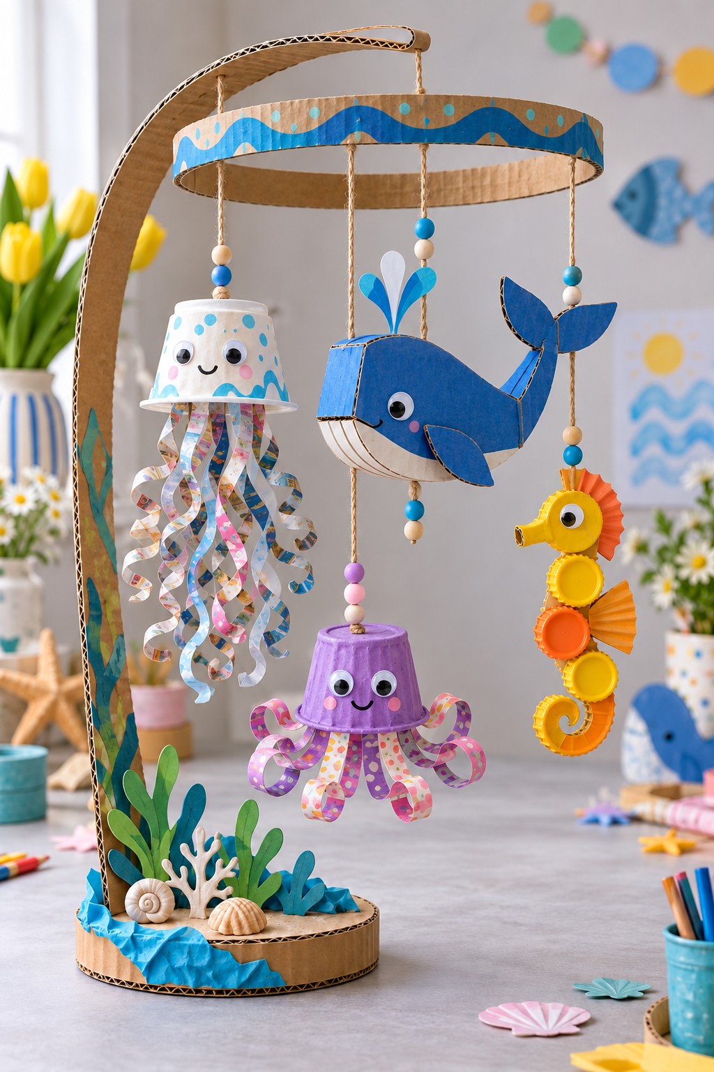 Freestanding cardboard ocean mobile with cup jellyfish, a blue whale, and a bottle cap seahorse