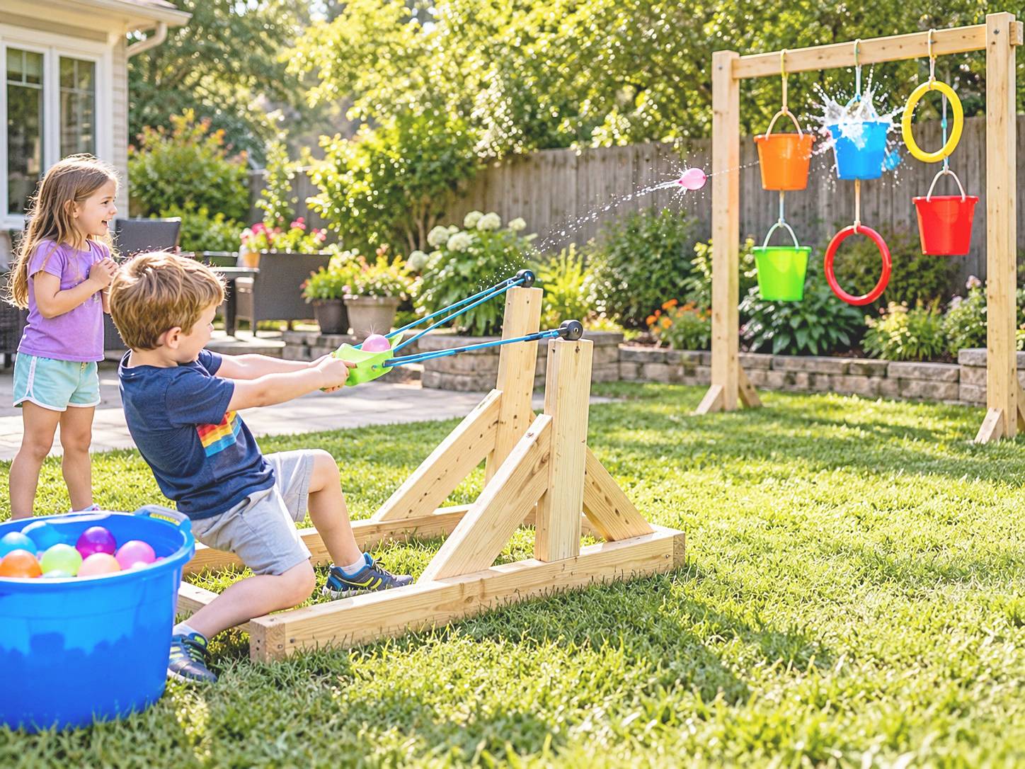 Children using a launcher toward hanging colored buckets and hoops on a lawn