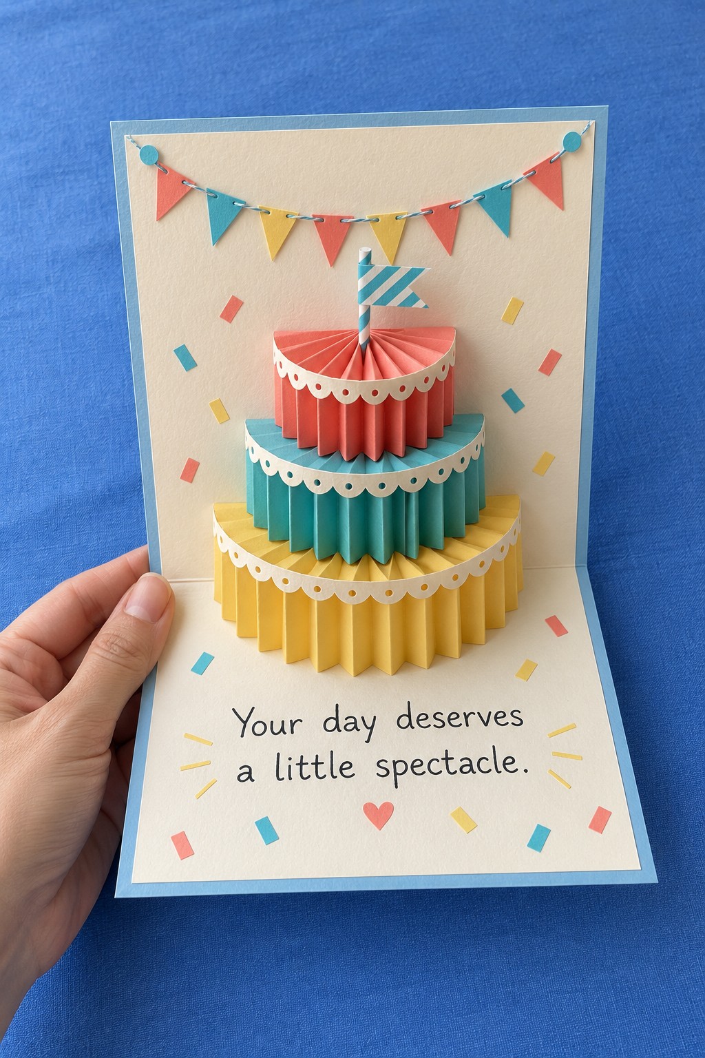 Open blue birthday card with yellow, turquoise, and coral pleated cake tiers and hanging bunting