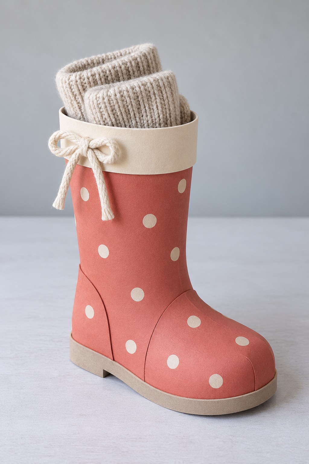 Coral paper boot with cream polka dots and cuff holding a pair of neutral knitted socks