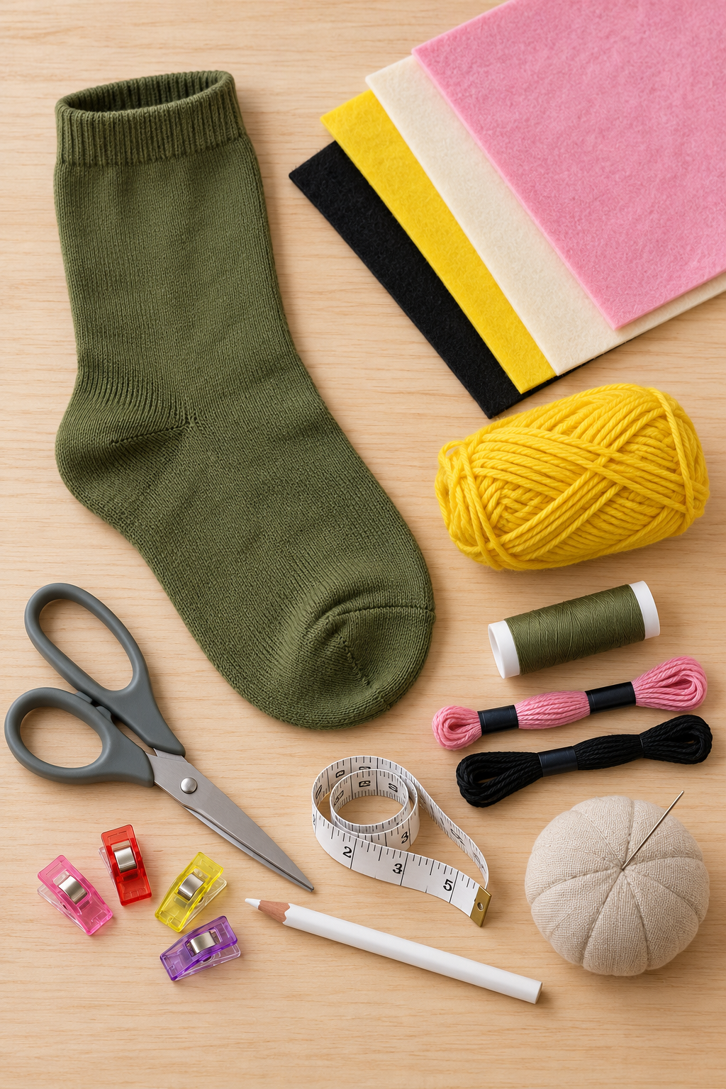 Open green sock with felt, yarn, thread, scissors, measuring tape, sewing clips and a needle in a pincushion