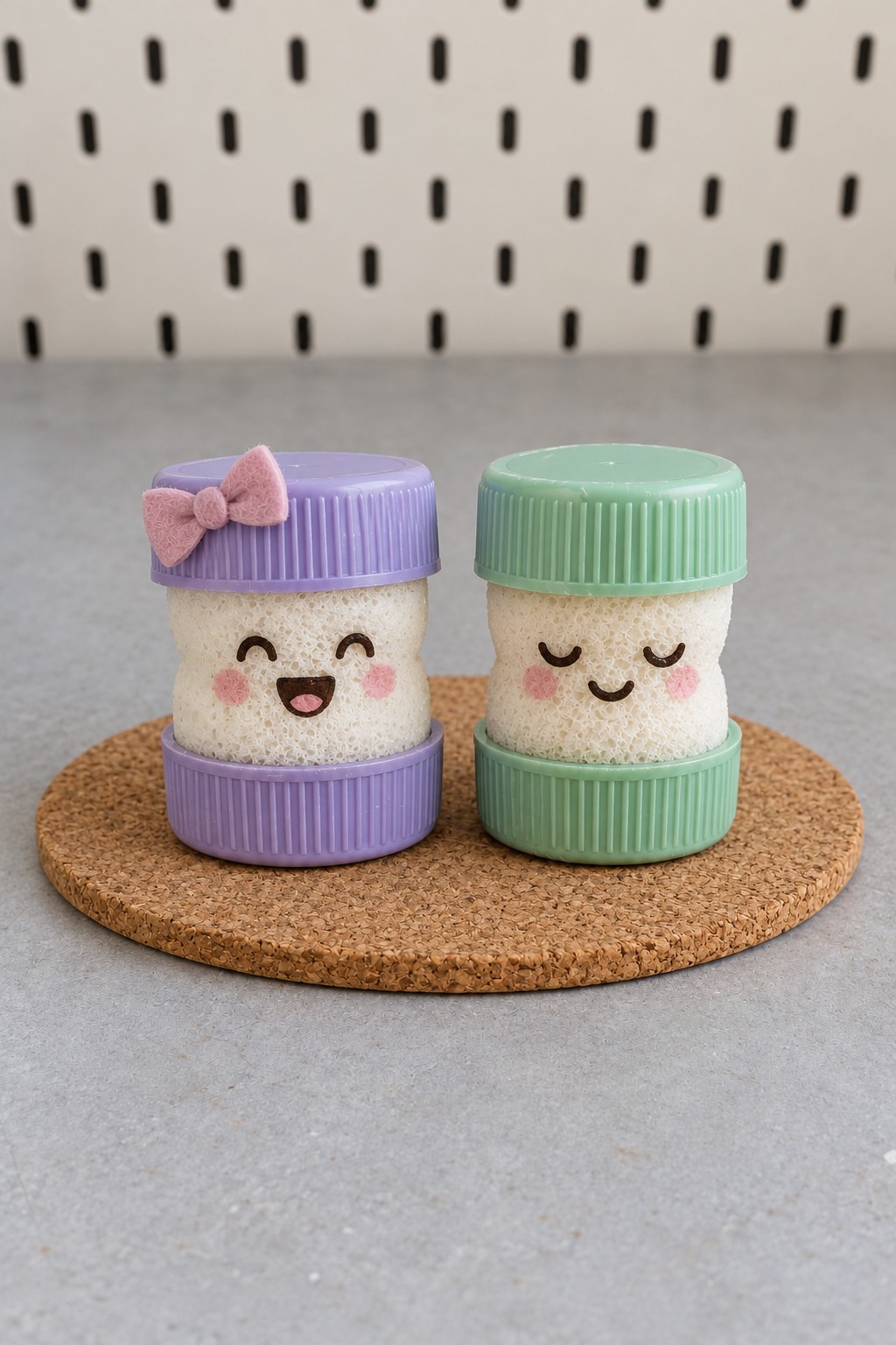 Two cream sponge cylinder characters with lavender and mint plastic cap hats and bases, smiling faces, and a pink felt bow