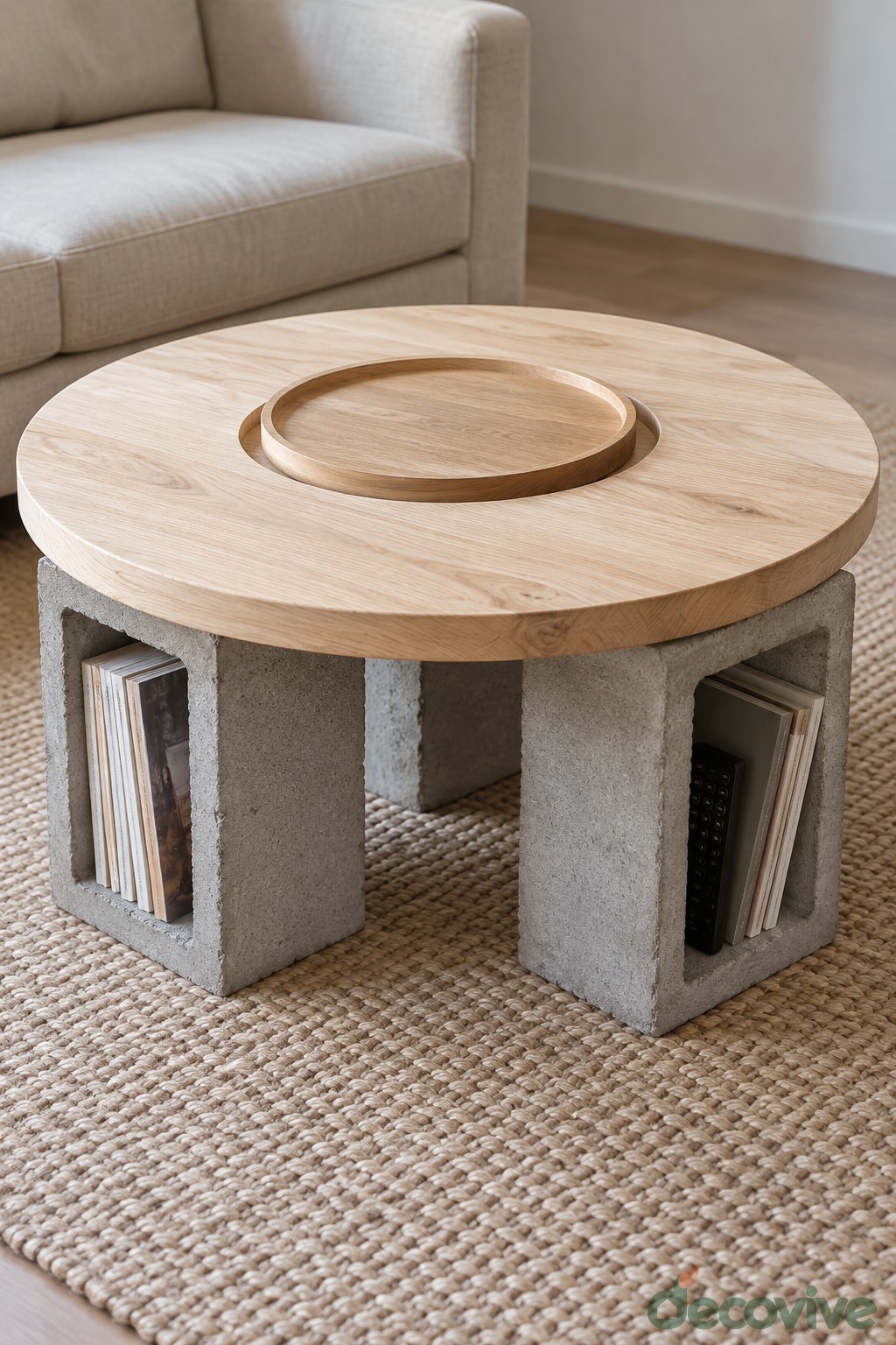 Round wooden coffee table above concrete block legs containing books