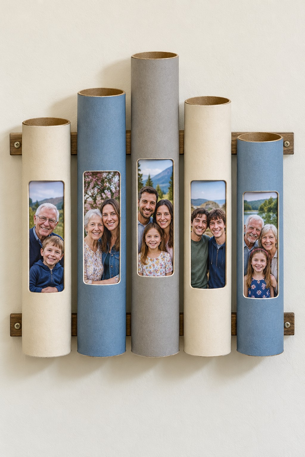 Five painted cream blue and gray cardboard tube columns with recessed portrait windows