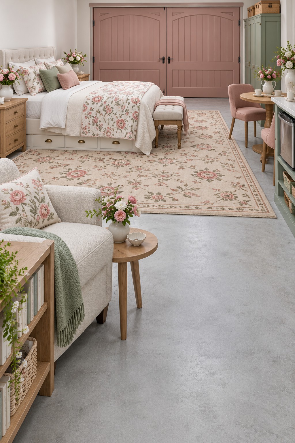 Garage guest bedroom with a floral bedspread, pink double doors, sage wardrobe, bedside storage, and a sitting corner