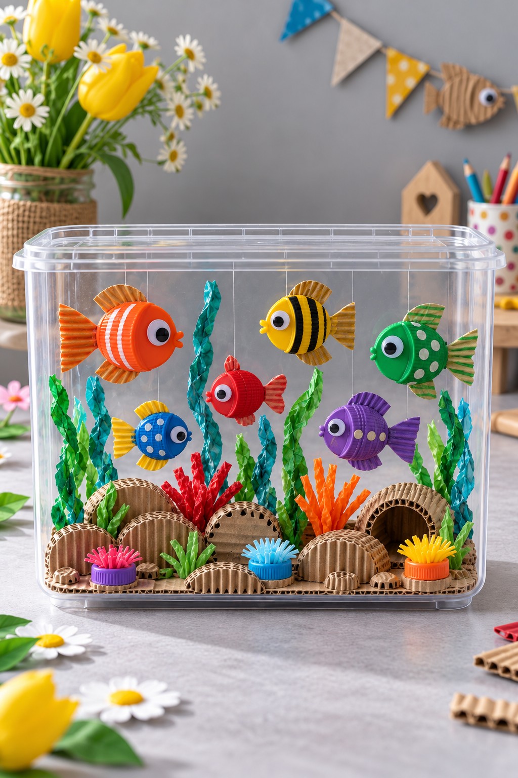 Dry aquarium scene in a clear container with colorful bottle cap fish and cardboard coral