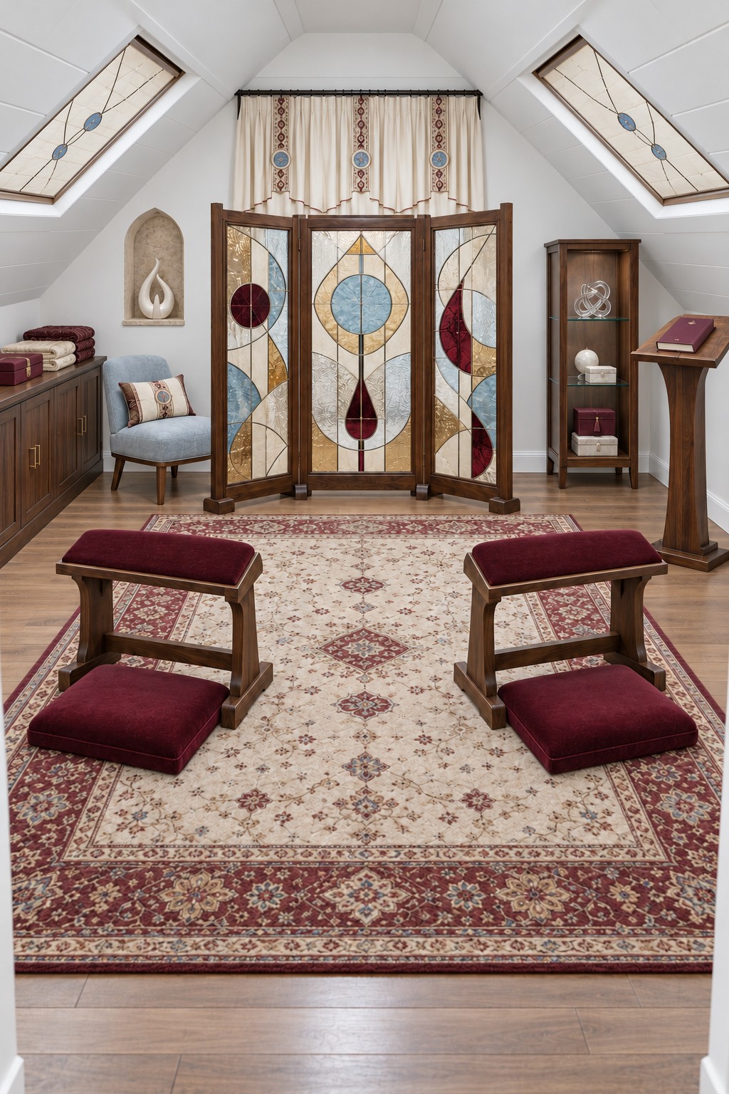 Two burgundy wooden kneelers facing a folding screen with red blue and amber geometric panels