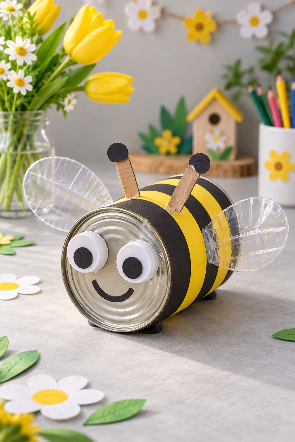 Horizontal tin can bee wrapped in yellow and black stripes with clear wings and cap eyes