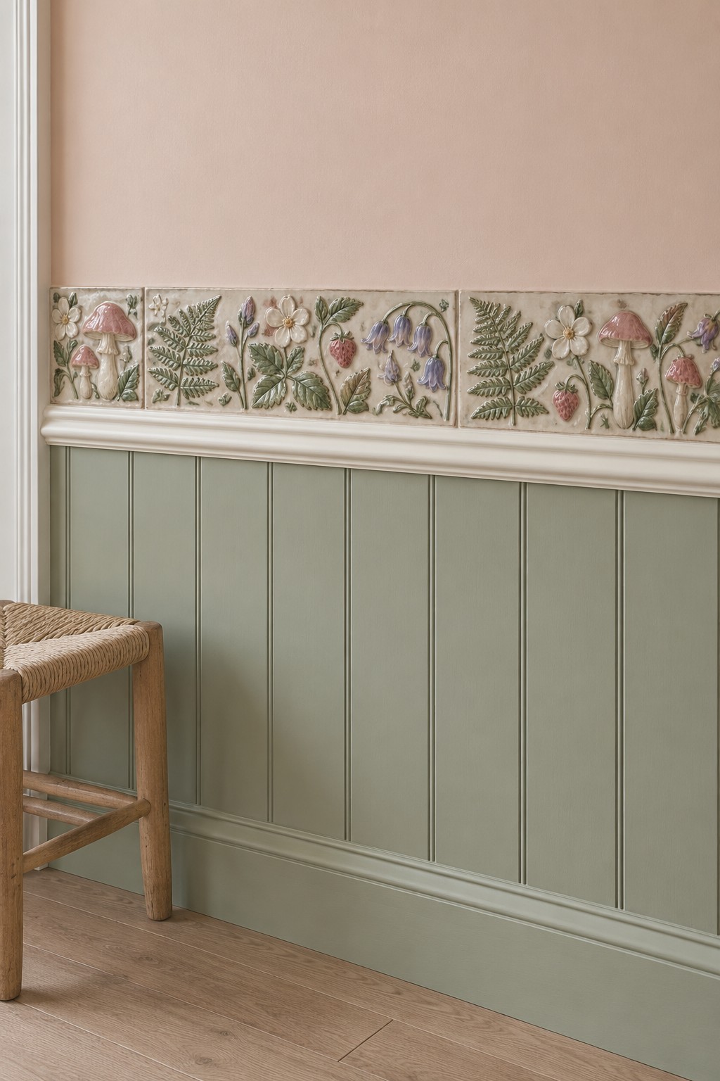 Cream relief border with mushrooms, ferns, strawberries, and small flowers between pink paint and sage paneling