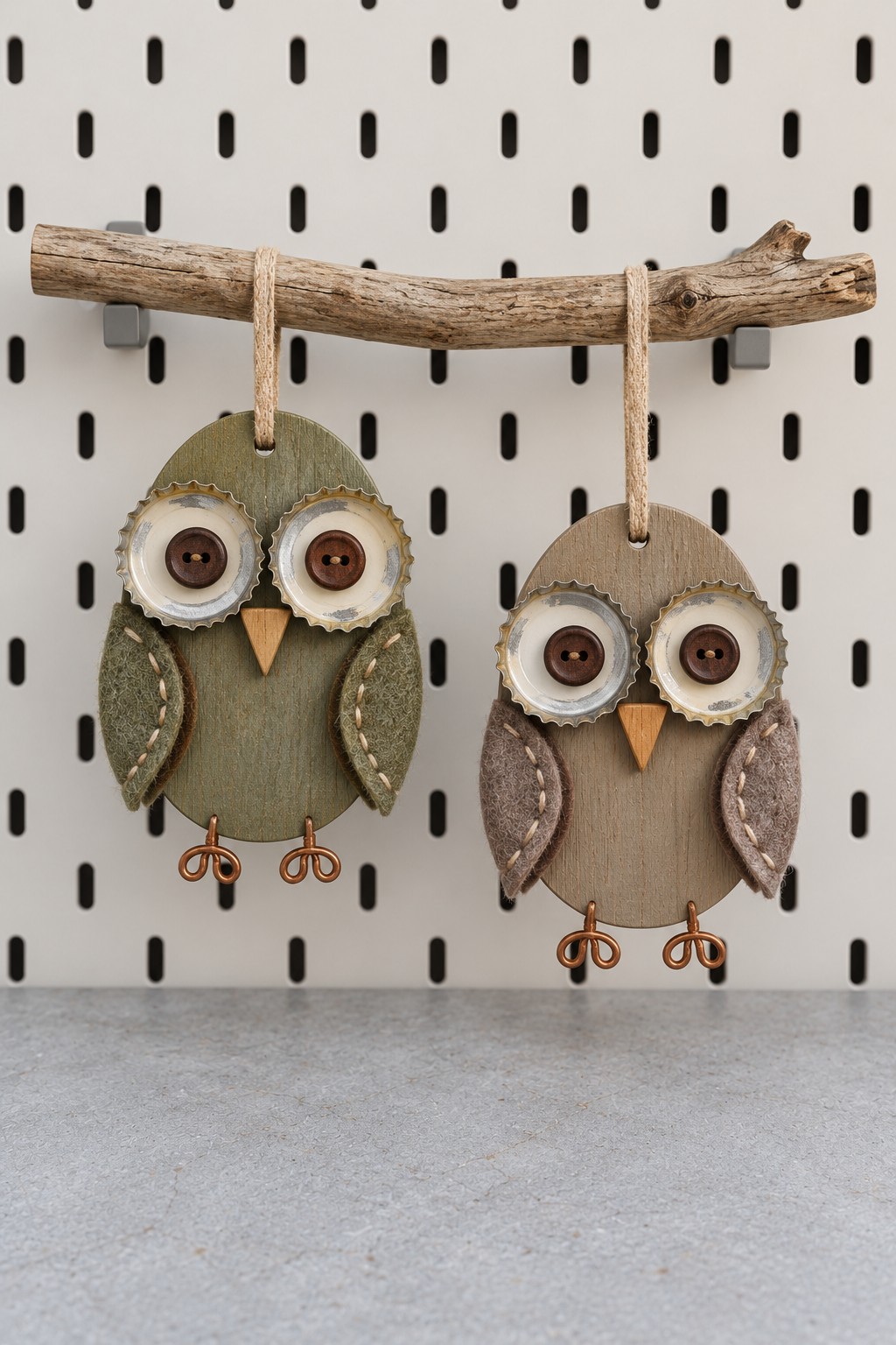 Two olive and brown felt owl ornaments with cream bottle cap eyes, button pupils, wire feet, and cord loops on a branch