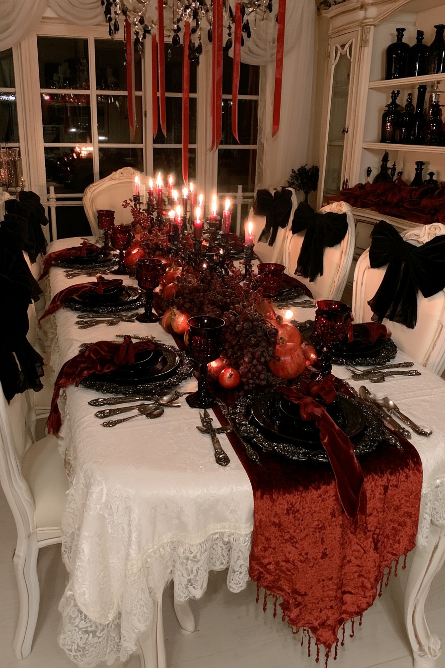 Ivory lace dining table with burgundy runners, black plates, dark fruit, and black chair bows