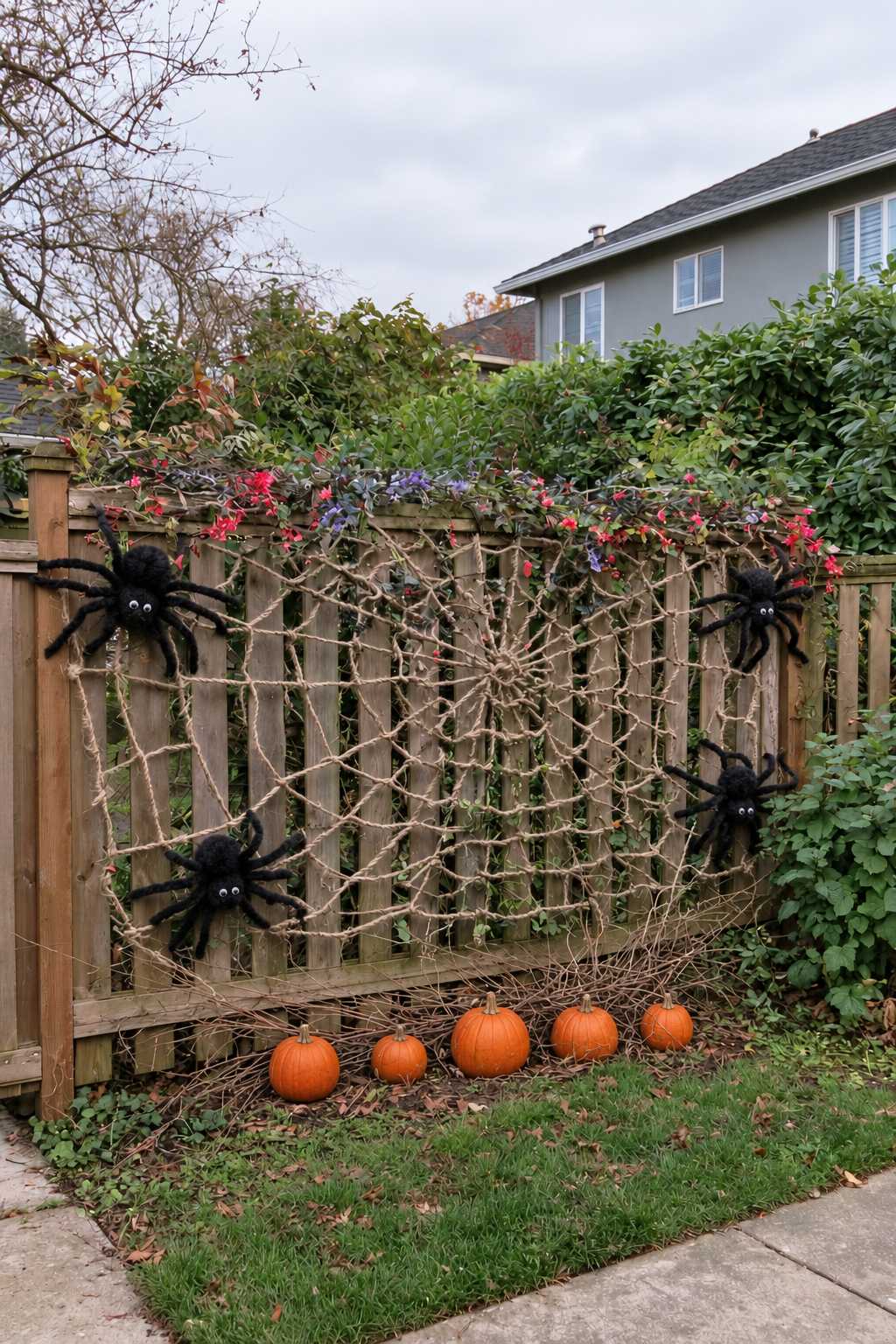 Large tan rope spiderweb across a wooden fence with black spider props and orange pumpkins below