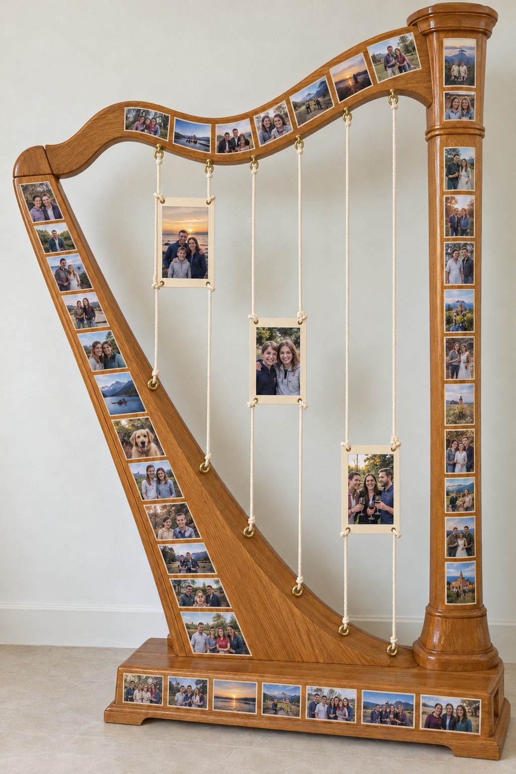 Wooden harp shaped photo collage with three inner photo cards suspended by cords and brass eye fittings