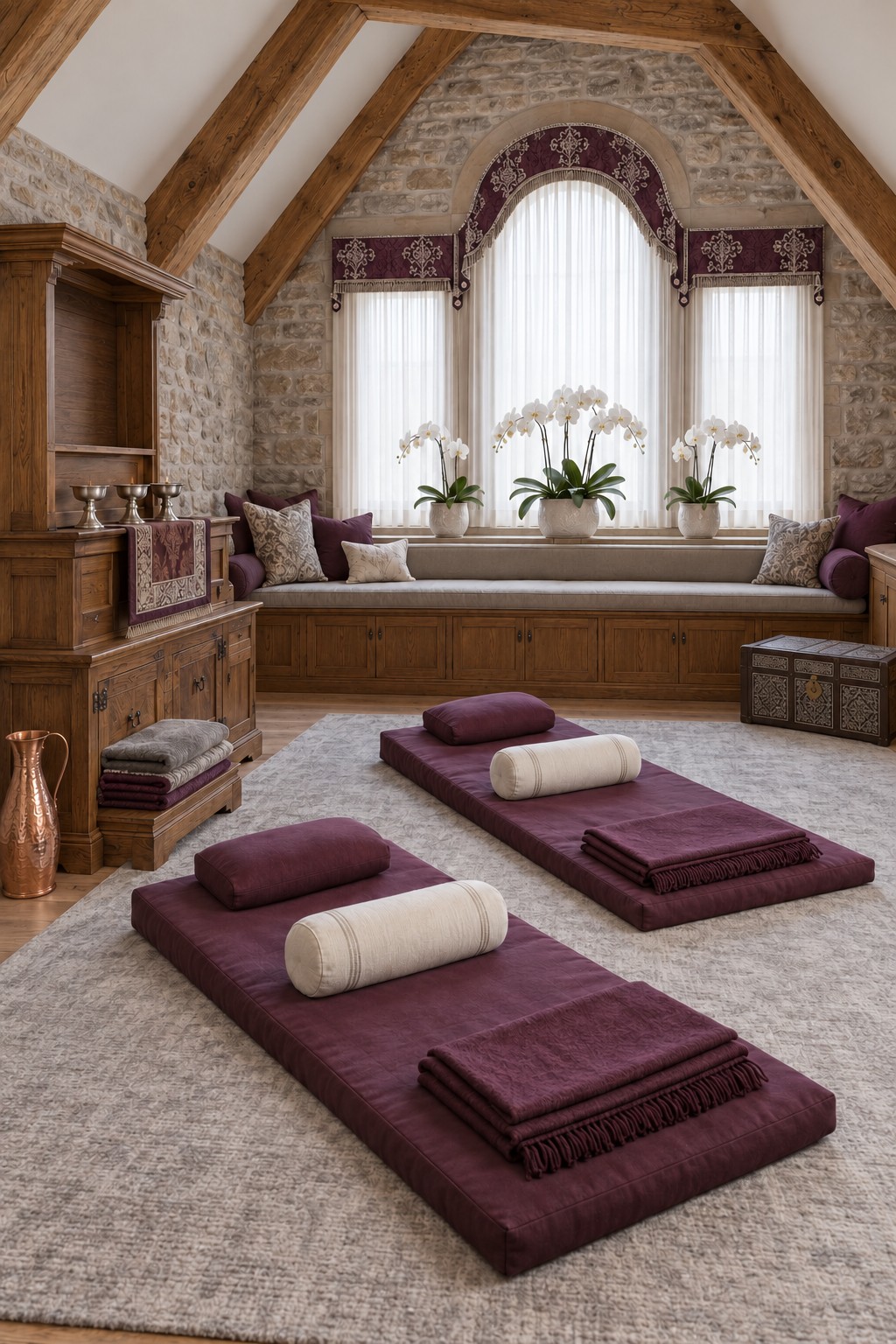 Plum meditation mats and cream bolsters beneath an arched attic window with white orchids and a built in bench