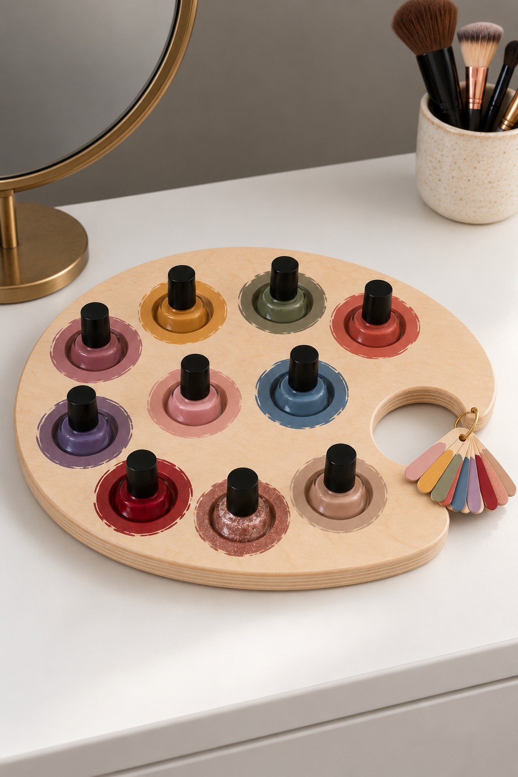 Wooden artist palette organizer with colored circular bottle wells and a small swatch ring
